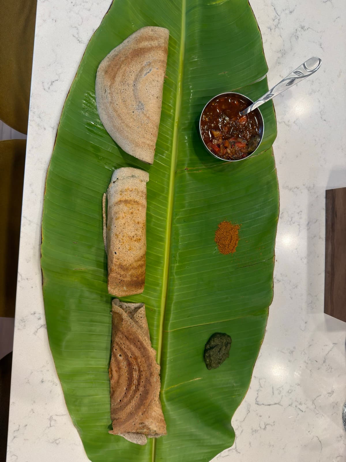 Quick dosa with schezwan leftovers, sadhya-style